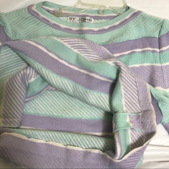 St. John Vintage Pastel Striped Scalloped Textured Sweater Crew Neck Top Knit M - Picture 9 of 13